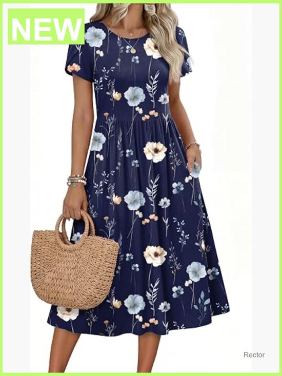 Dresses & Skirts - Casual Short Sleeve Midi Dress with Pockets Flowy A-Line T-Shirt Dress